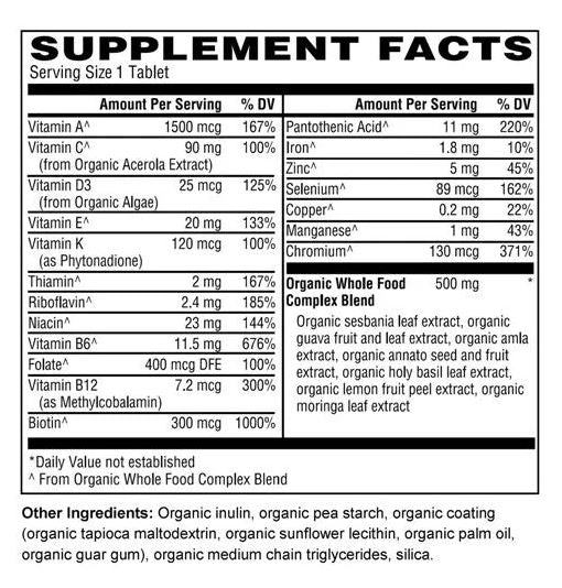 Scorched Protein's Organic Whole Food Men’s Multivitamin (vegan) ingredients. 